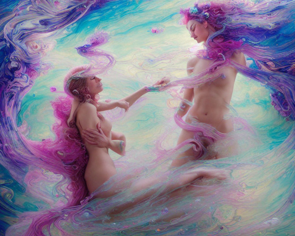 Dreamlike Scene with Two Characters in Swirling Blue and Pink Hues