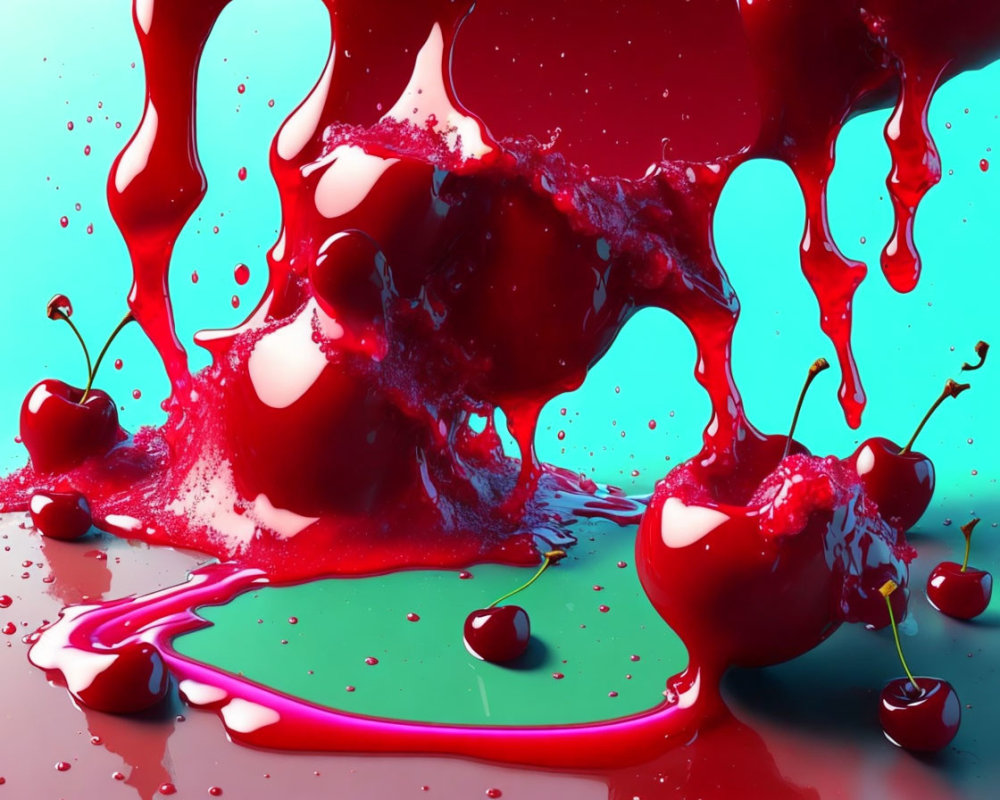 Dynamic Red Liquid Splash Surrounding Cherries on Teal Background