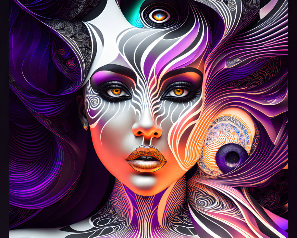 Colorful digital artwork: Woman's face with abstract patterns in purple, black, and metallic tones