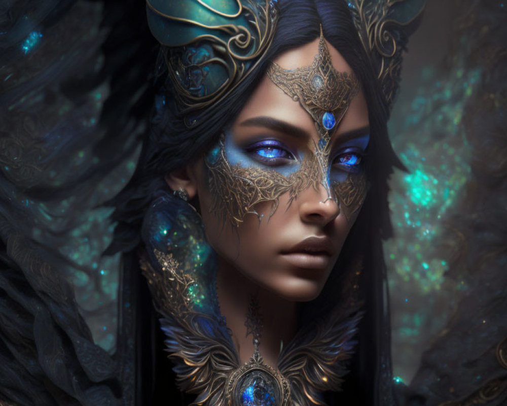 Mystical female figure with blue eyes and ornate headgear on dark background