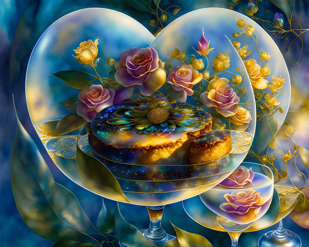 Celestial donut digital artwork with gold vines and roses on heart-shaped backdrop