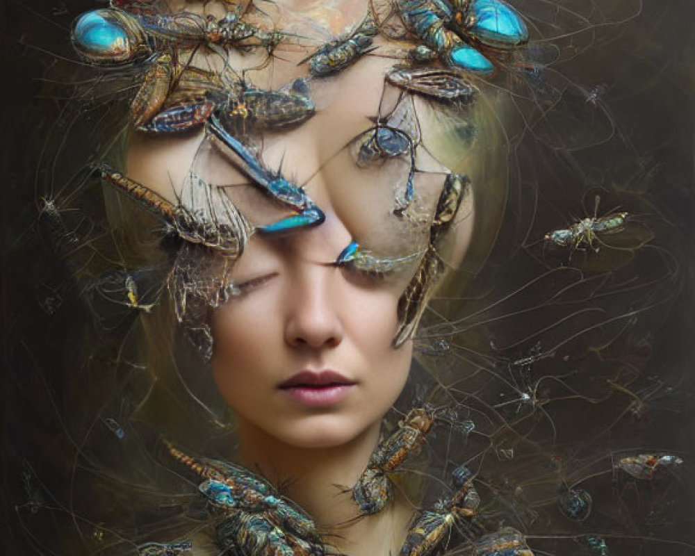 Surreal portrait of woman with dragonflies and insects superimposed