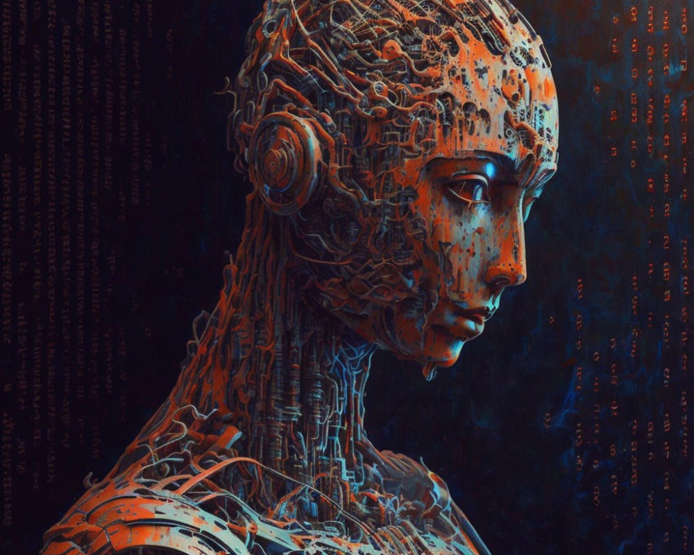 Intricate humanoid robot with circuitry against digital code