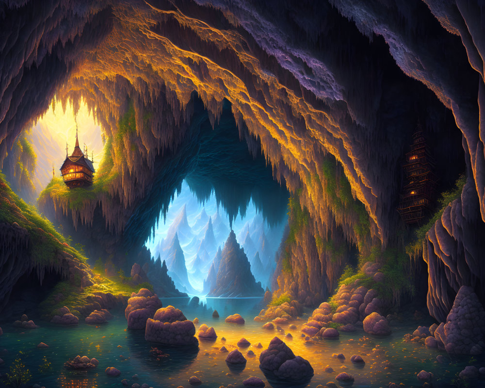 Mystical cave with luminous crystal entrance, stalactites, serene lake & cozy wooden structures