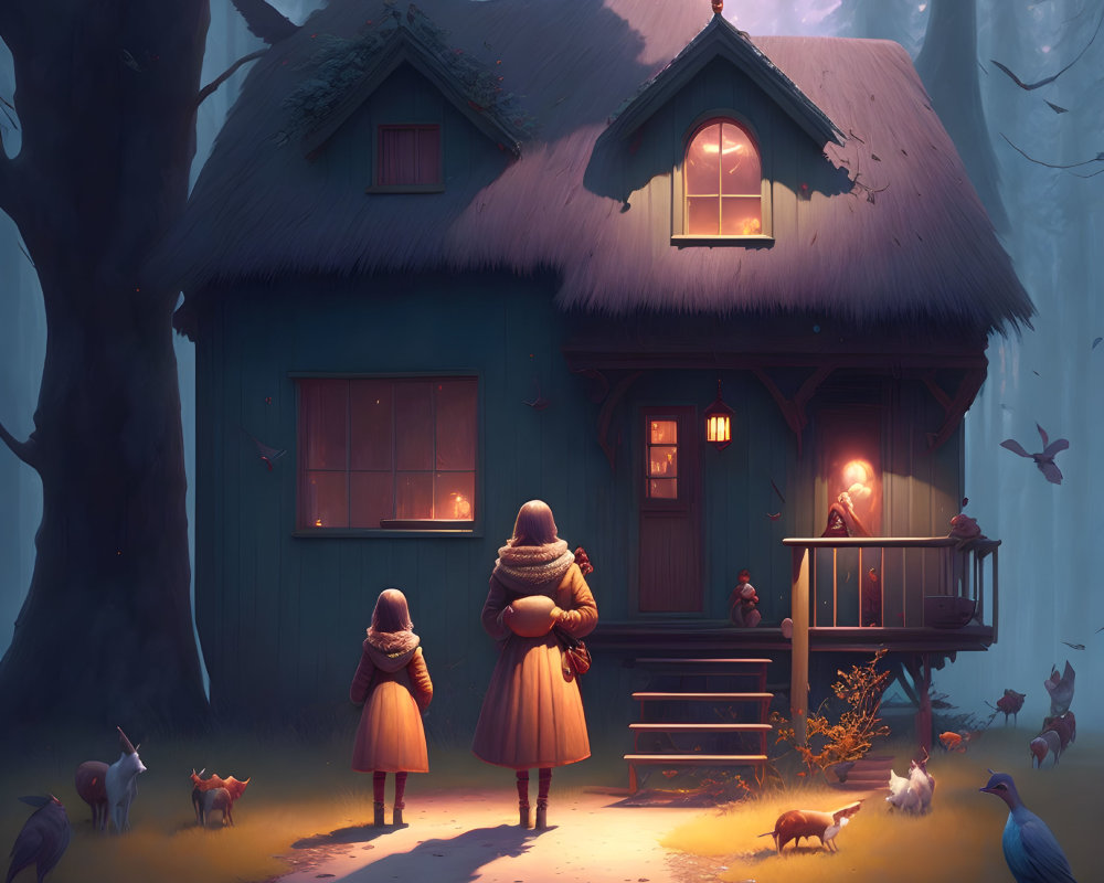 Children and cat in front of cozy cottage in twilight forest