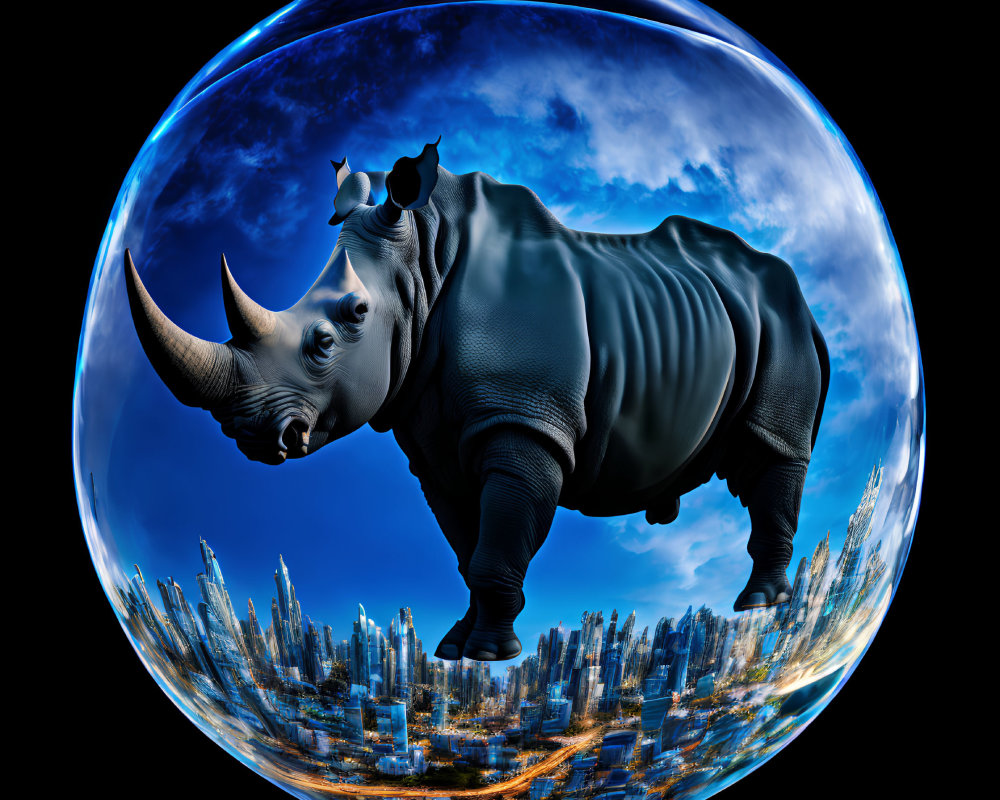 Rhinoceros in transparent sphere amidst urban skyscrapers