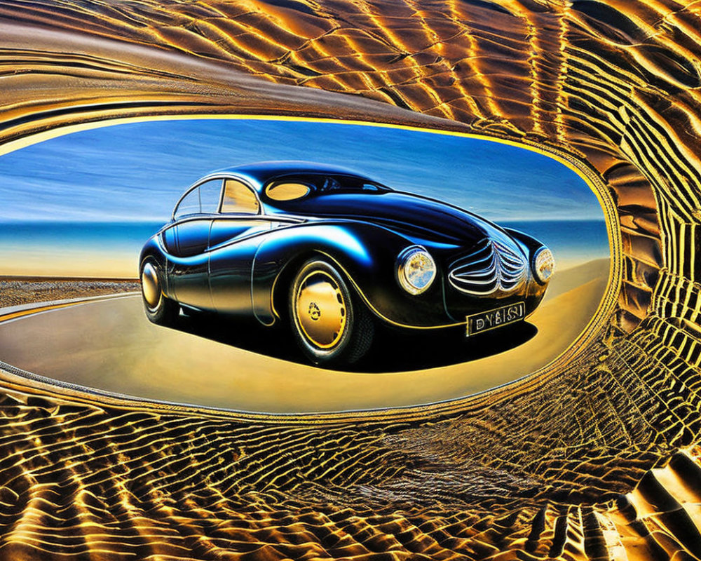 Vintage Black Car in Distorted Reflective Landscape