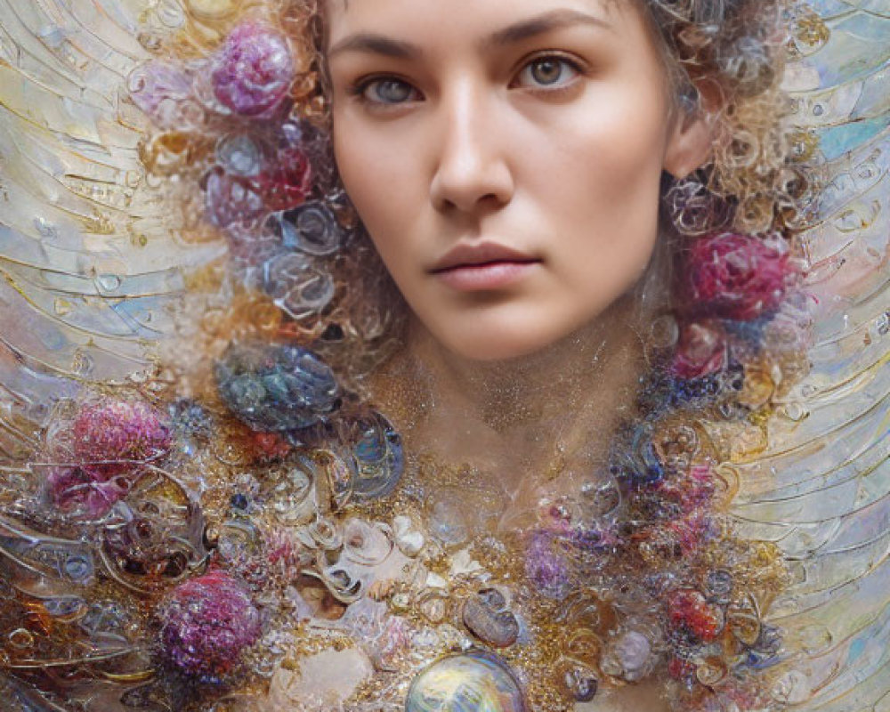 Colorful swirling halo portrait of young woman with ornate textures and flower-like patterns