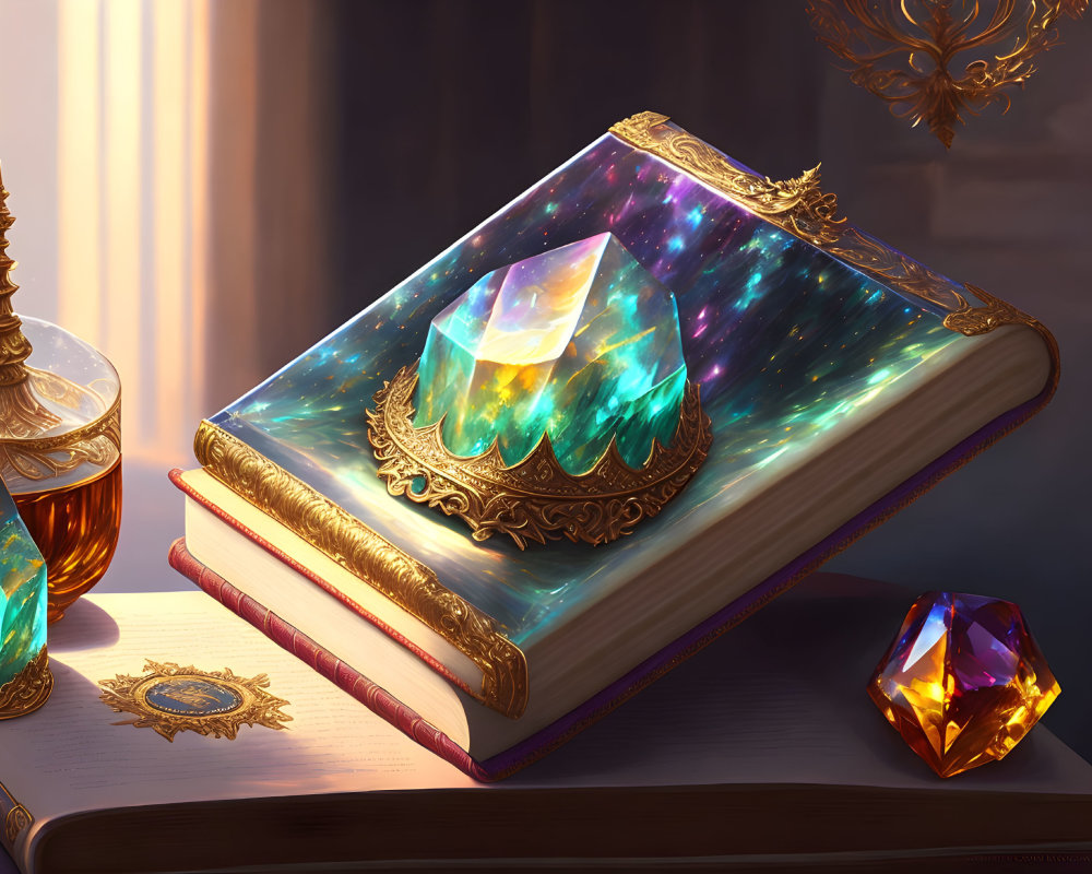 Glowing gem cover book with cosmic motif and crystals on wooden surface