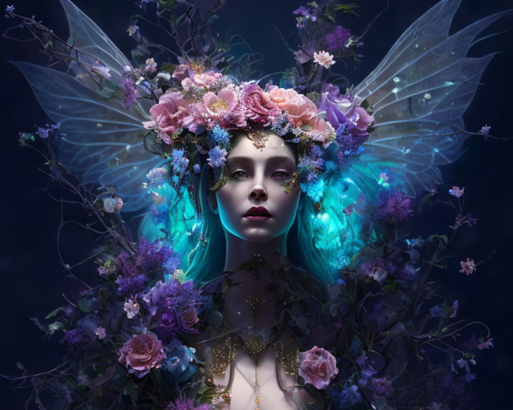 Mystical woman with luminous wings and flower crown on dark blue backdrop