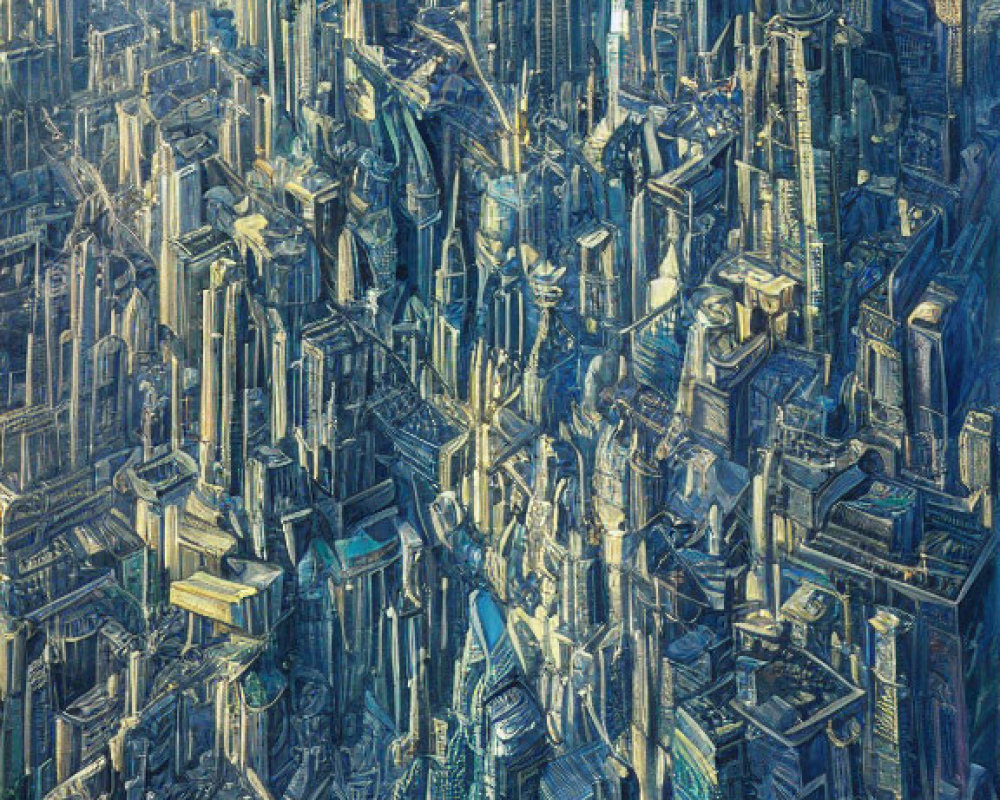 Detailed futuristic cityscape with towering skyscrapers and intricate architecture in blue tones