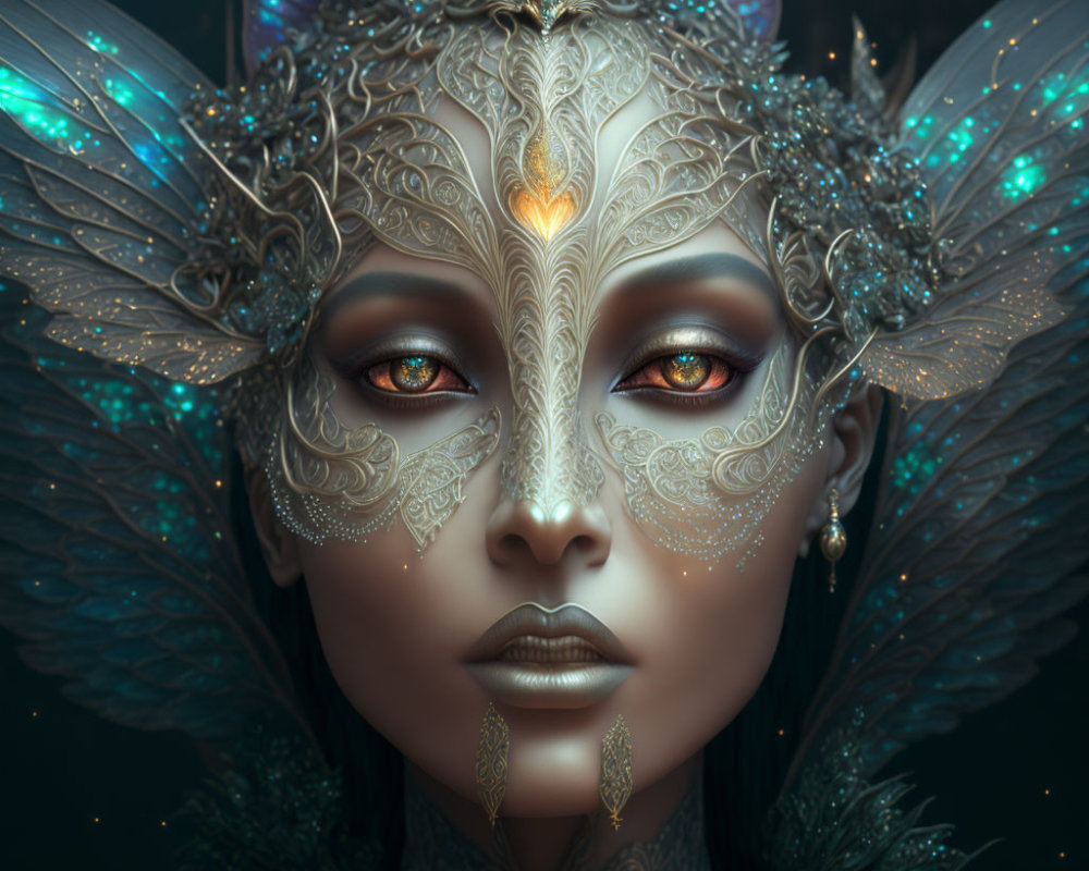 Fantasy digital artwork of female figure with ornate headgear and butterfly-like wings