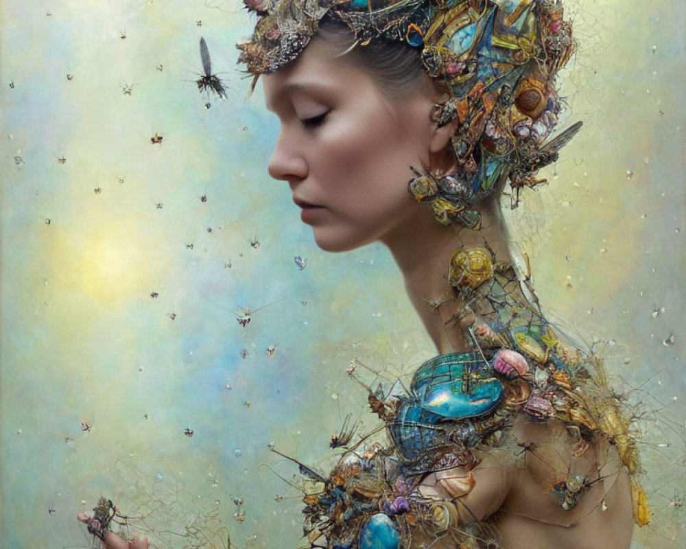 Surreal portrait of woman with nature-inspired jewelry and whimsical creatures