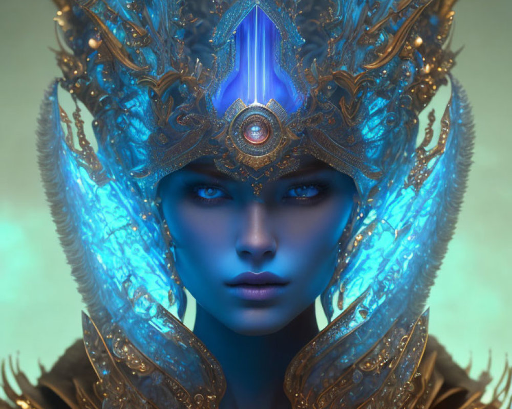 Blue-skinned figure in ornate golden headdress with glowing blue accents and gemstone