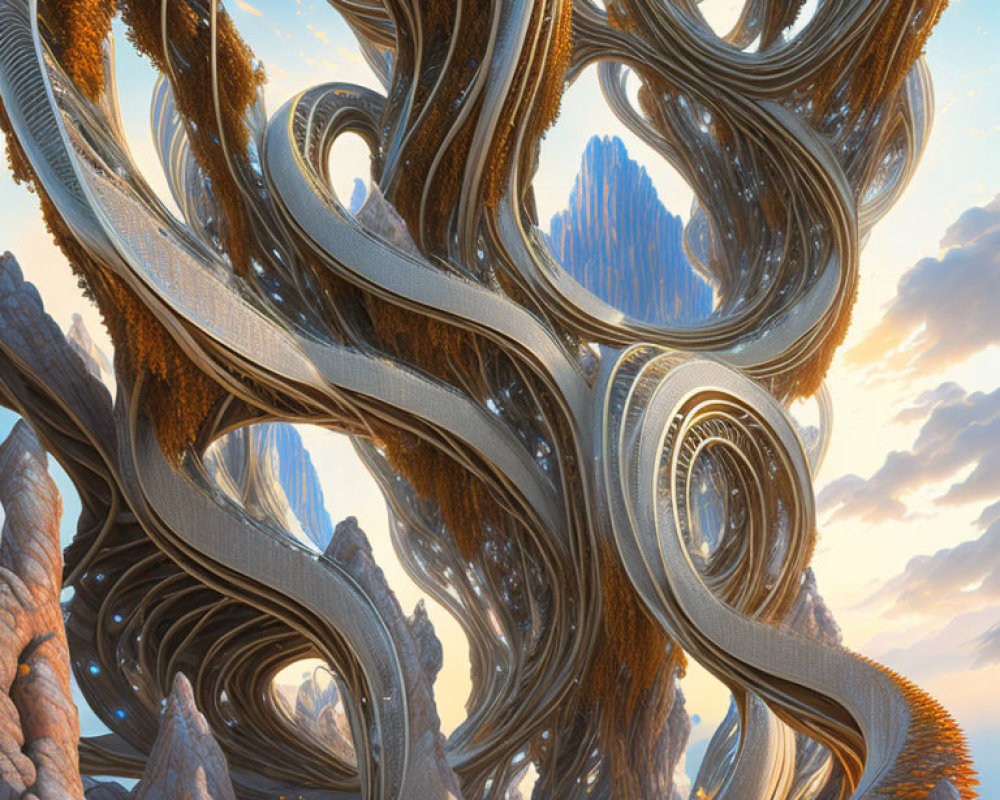 Fantastical landscape with metallic tree-like structures at sunrise