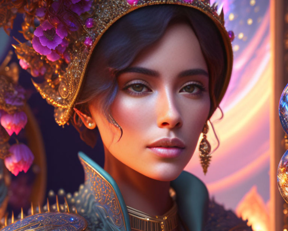 Elaborate golden headgear with purple flowers and gems on a regal woman