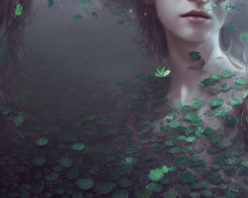 Woman blending with green leaves and butterflies in serene image