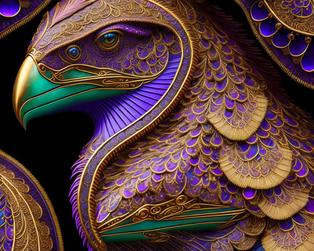 Detailed Illustration of Ornate Golden and Purple Eagle