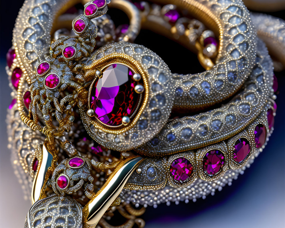 Golden Serpent-Shaped Jewelry with Diamonds and Pink Gemstones