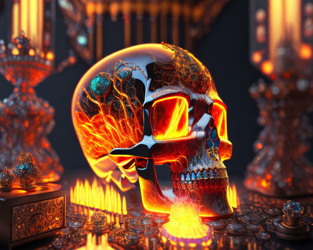 Intricate glowing neon-lit skull on ornate background