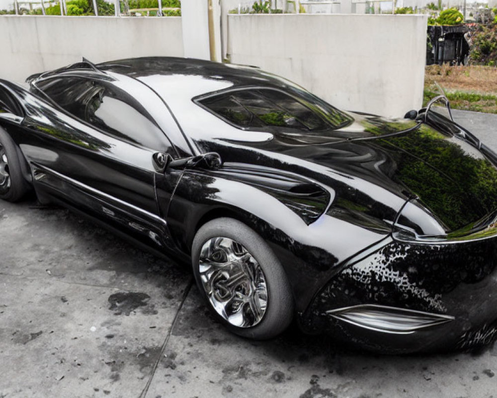 Shiny Black Sports Car with Custom Rims Parked on Concrete