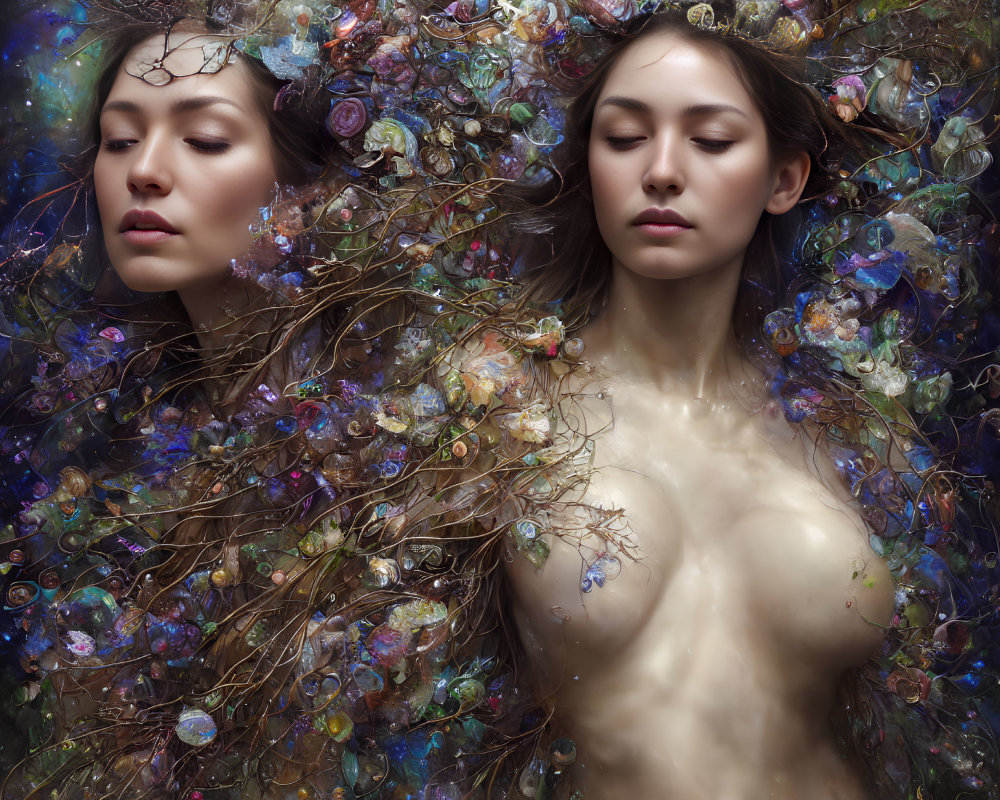 Two people in a floral and branch-filled dreamy scene with one adorned in a delicate headpiece.