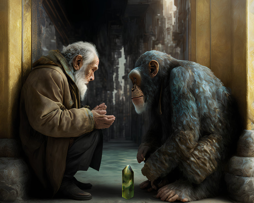 Elderly man and chimpanzee in contemplative pose with green bottle, urban backdrop