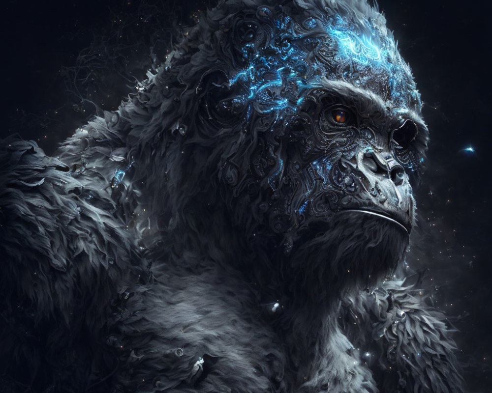 Detailed mystical gorilla digital art with glowing blue patterns on face and shoulders against starry night.