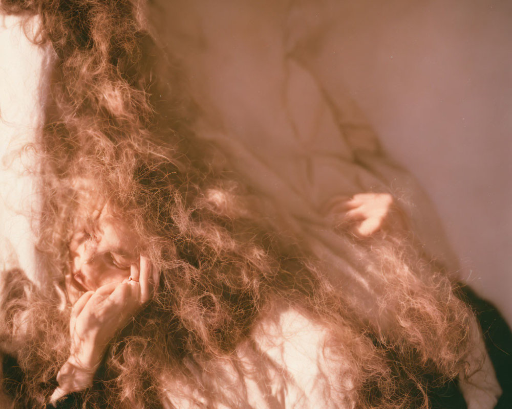 Ethereal portrait of person with voluminous, wild hair and light fabric.