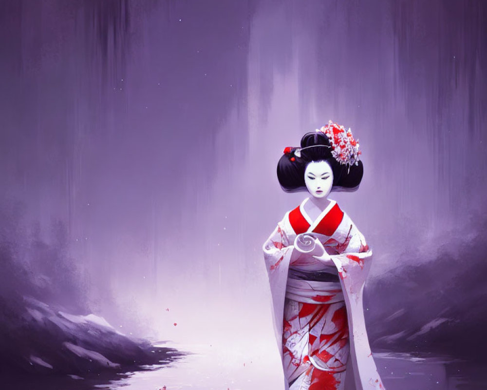 Illustrated geisha in red and white kimono on mystical purple background