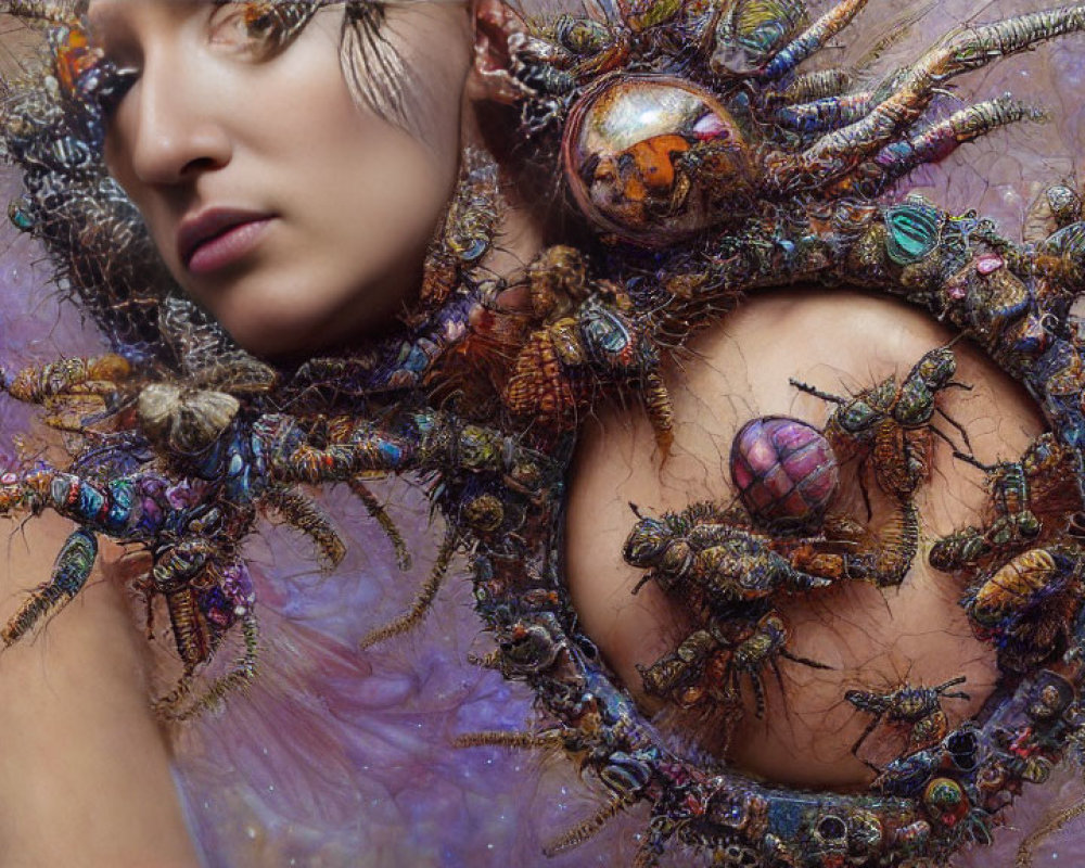 Surreal portrait of woman with metallic beetle collar