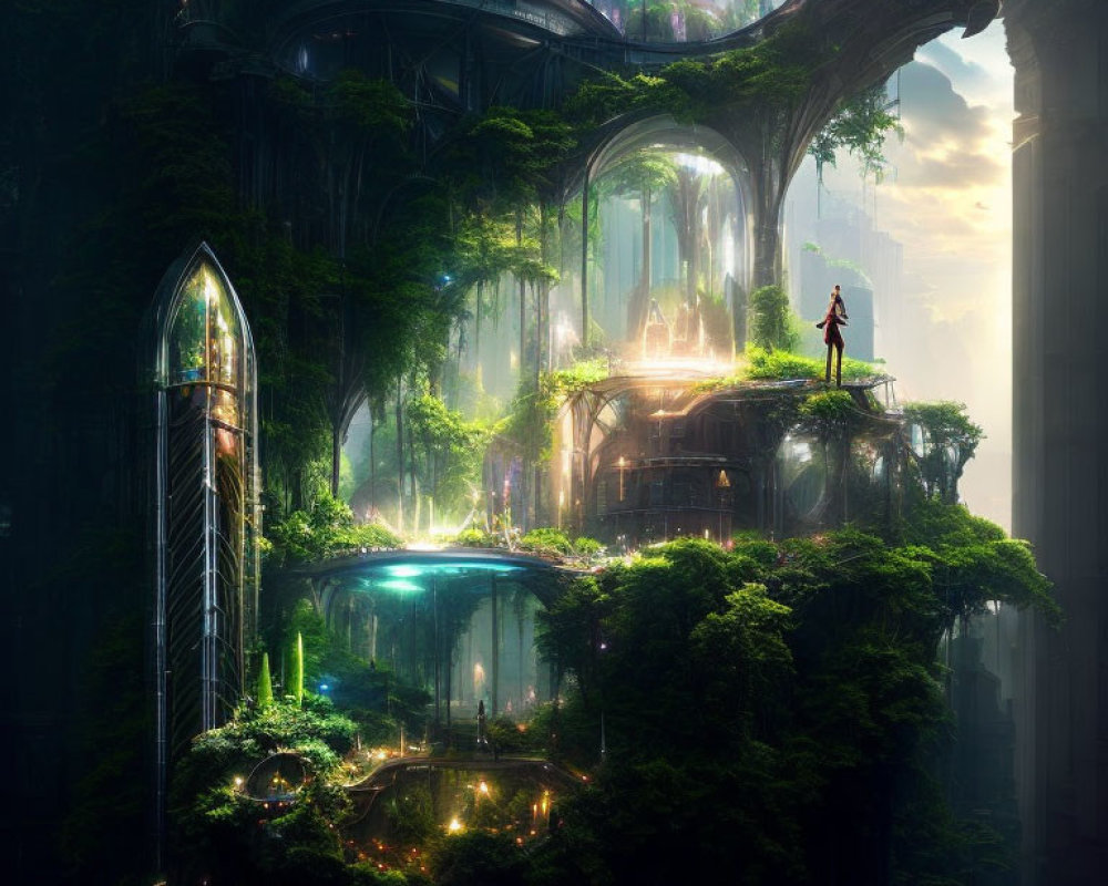 Person on futuristic structure in lush forest with advanced buildings.