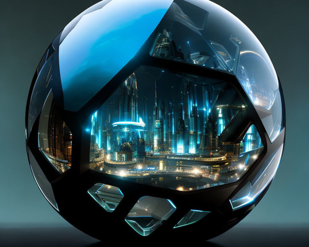 Reflective sphere with cityscape in facets on dark background