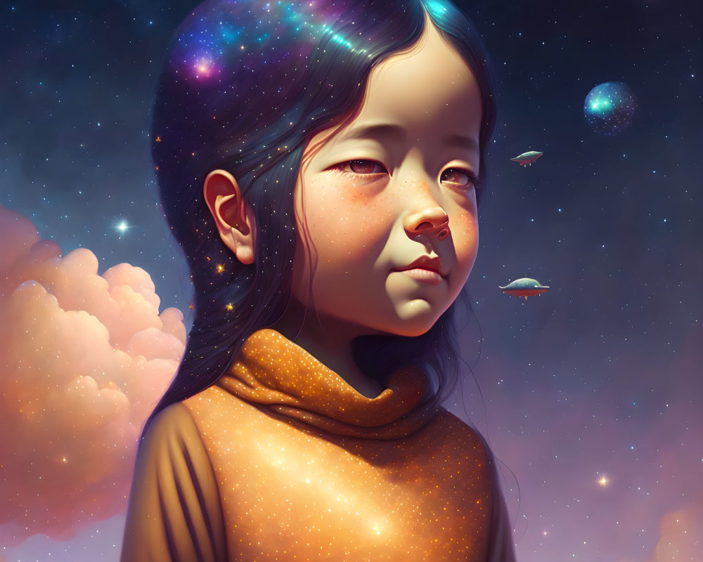 Child with starry hair in cosmic background with planets and moons