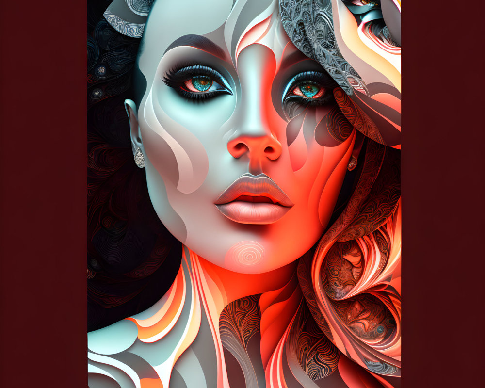 Surreal Woman Portrait with Red and Gray Swirling Designs