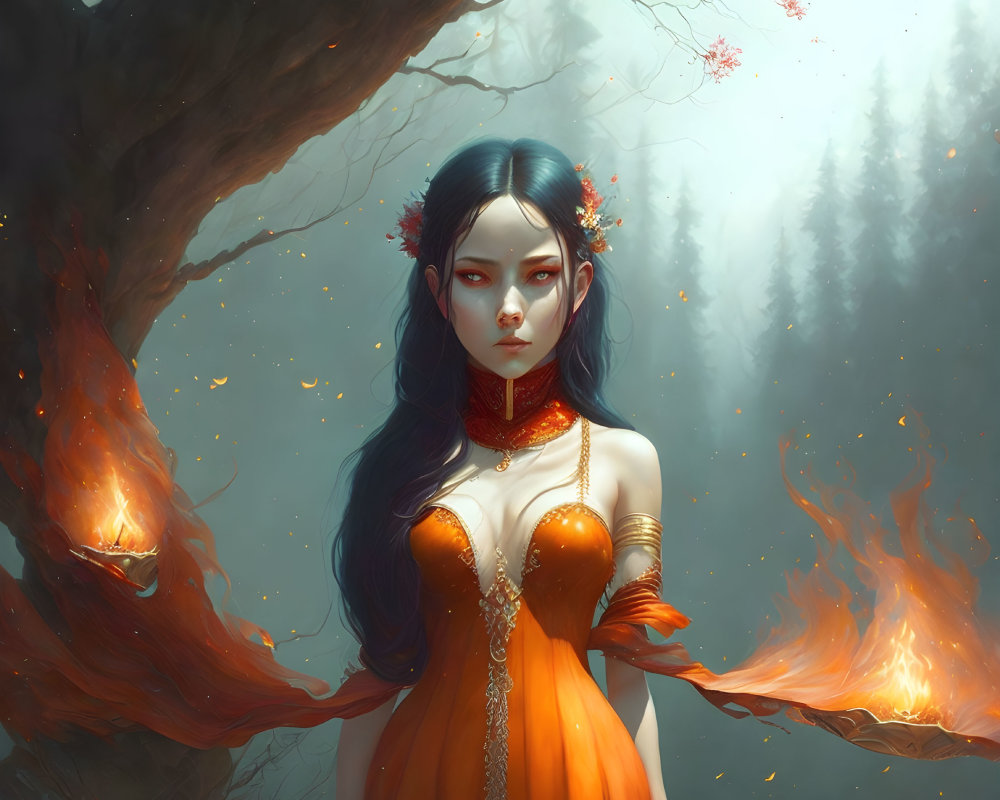 Illustrated female figure with long blue hair in mystical forest with ethereal lights