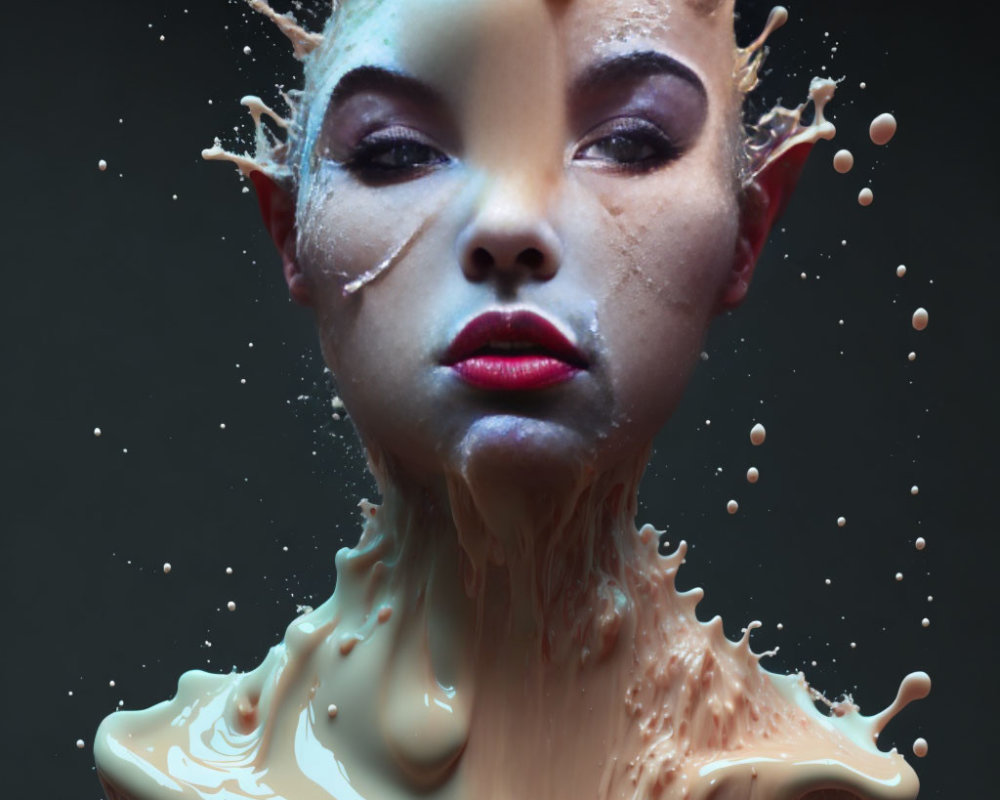 Person with Creamy Liquid Splashes: Dynamic Close-Up Transformation