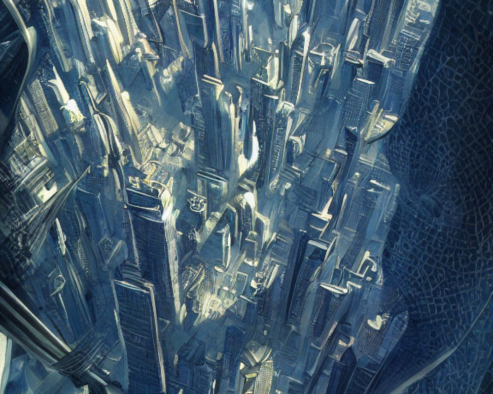 Detailed futuristic cityscape with towering skyscrapers and complex architecture in blue tones