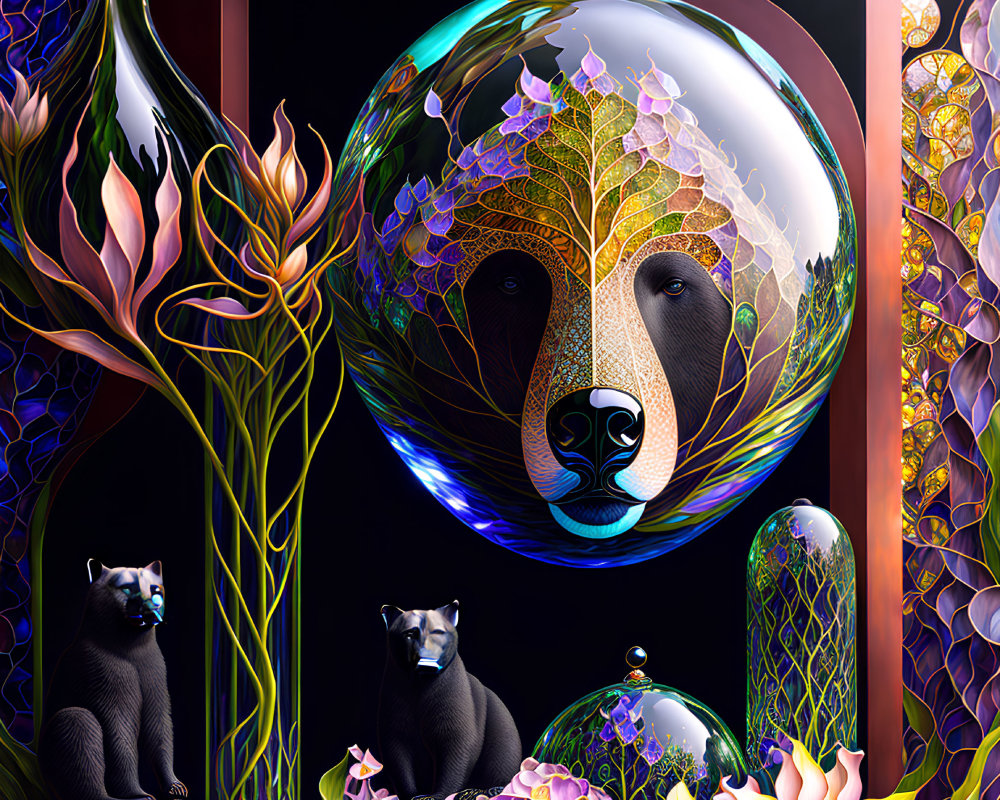 Digital artwork: Transparent orb with leaf-patterned bear face, flanked by panthers, flowers,