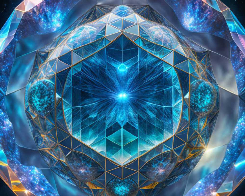 Abstract digital artwork of spherical fractal structure with geometric patterns, glowing lines, and cosmic backgrounds.