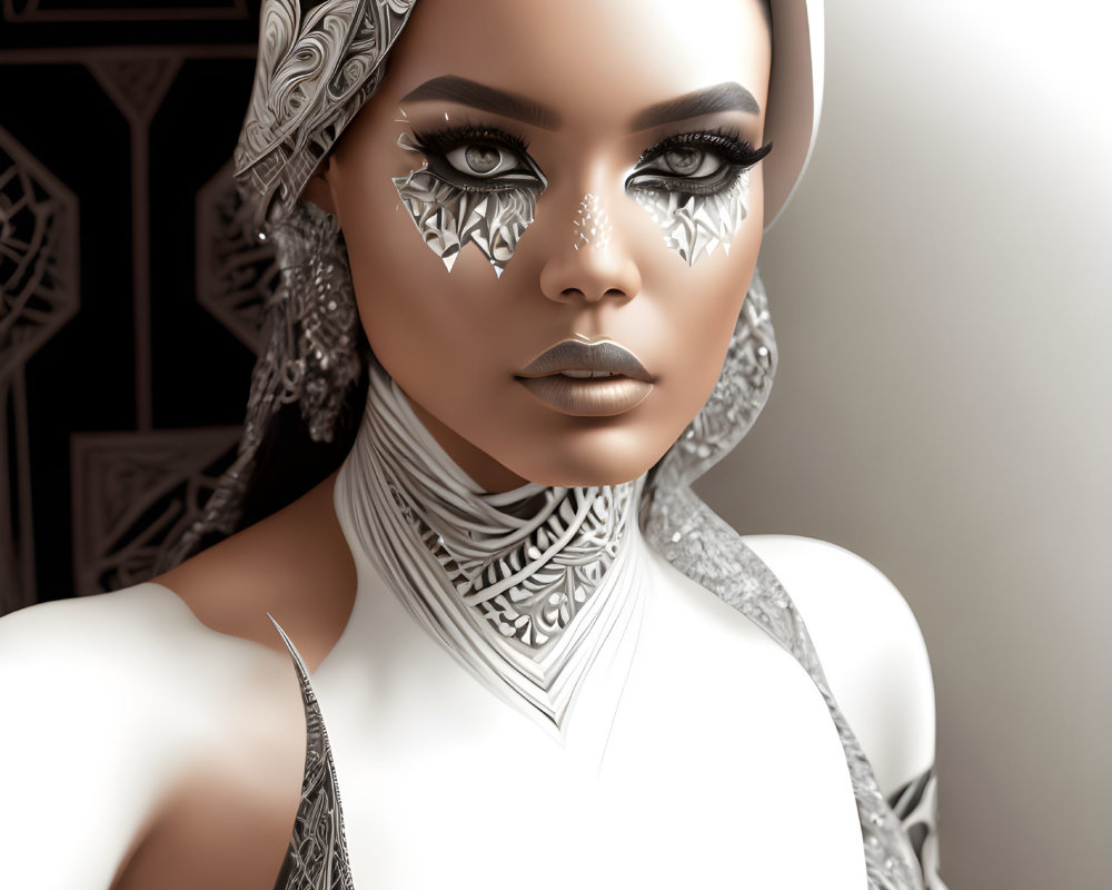 Digital artwork: Woman with silver patterns, headscarf, ornate makeup on geometric background