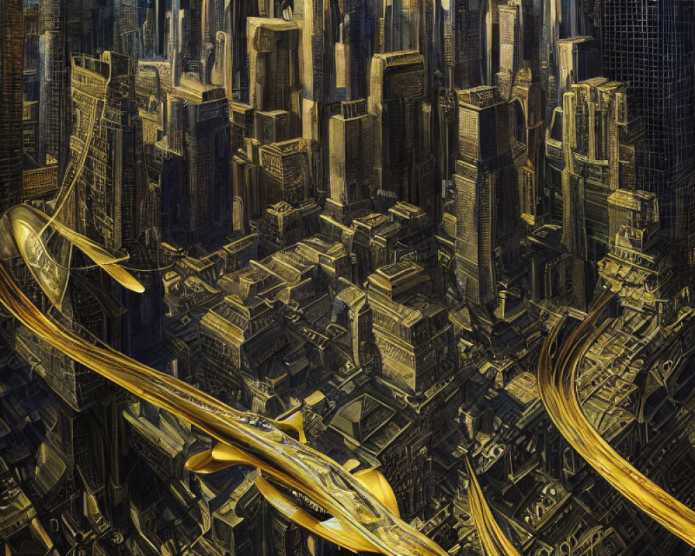 Dense futuristic cityscape with towering skyscrapers and golden pathways