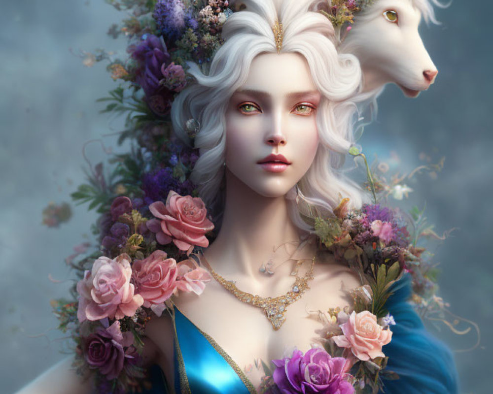 Fantastical image of woman with pale skin and white hair and floral headpiece.