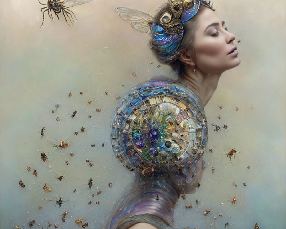 Translucent winged woman with iridescent eyes, surrounded by flying insects