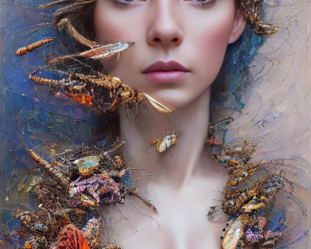 Surreal portrait of a woman with vibrant insect headdress