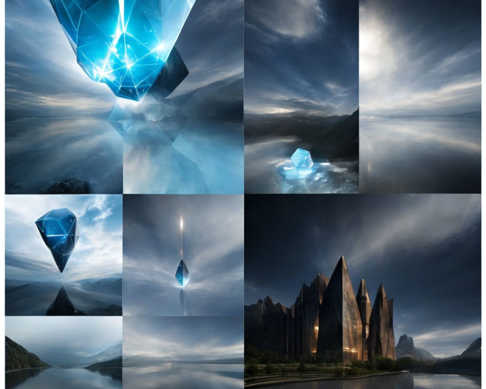 Surreal landscapes with glowing blue crystals in dynamic skies