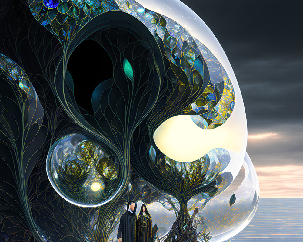 Stylized image of two figures under surreal tree by moonlit sea