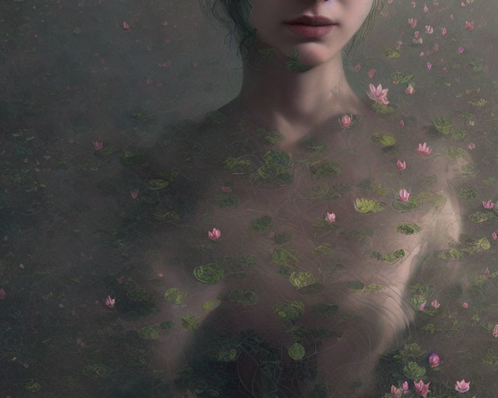 Surreal portrait of person submerged in water with flowers