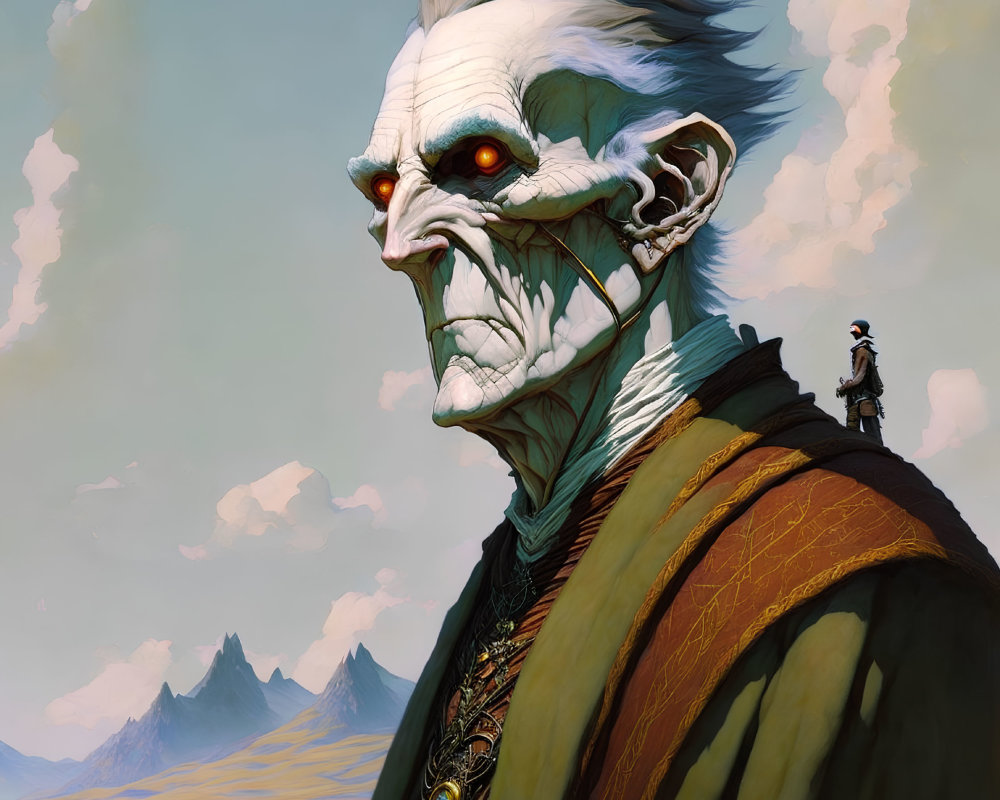Elderly humanoid with glowing red eyes and smaller figure in vast plains landscape