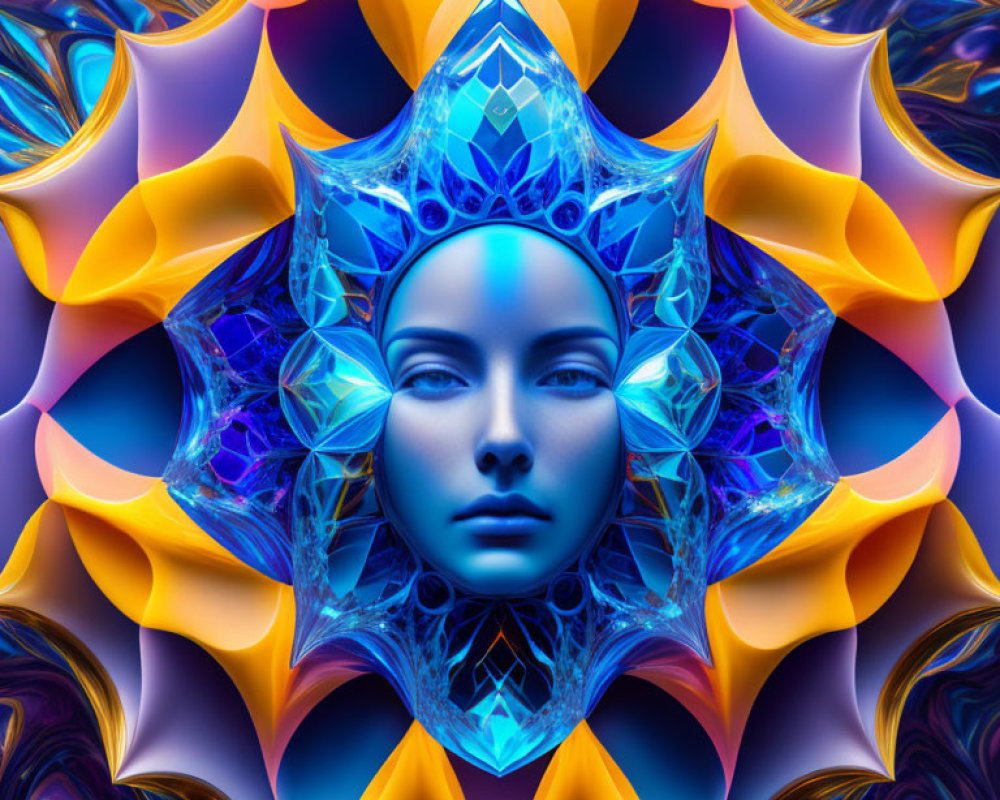 Symmetrical fractal-like digital artwork in vibrant blues and oranges